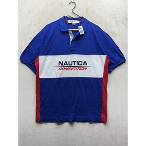 NWT VTG 90s Nautica Competition Polo Shirt Mens L Blue Red Colorblock Big Logo